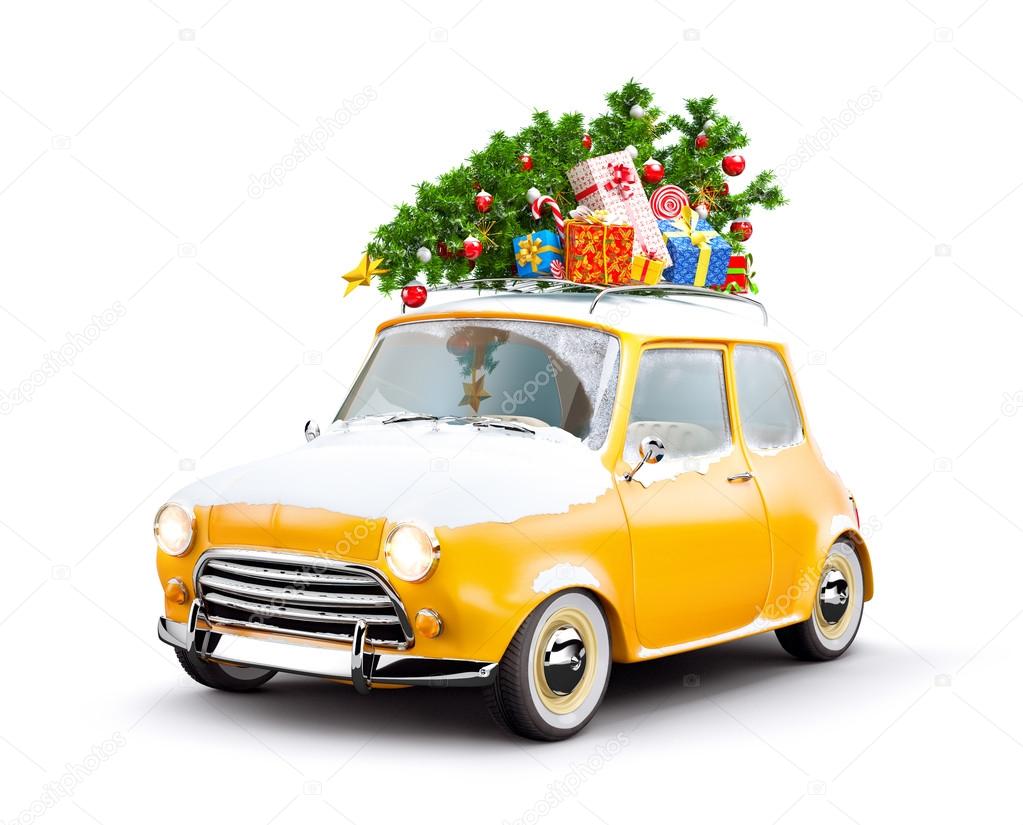 Retro car with gift boxes and christmas tree. Unusual christmas illustration