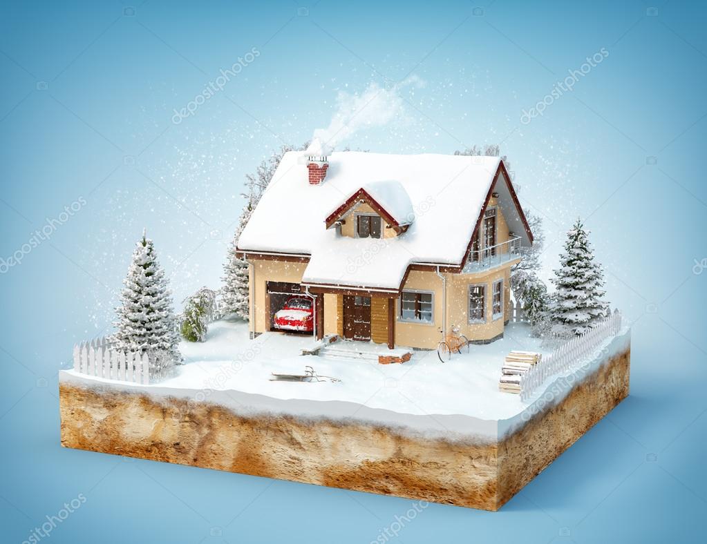 Cute house on a piece of earth with snowed garden and trees in winter.