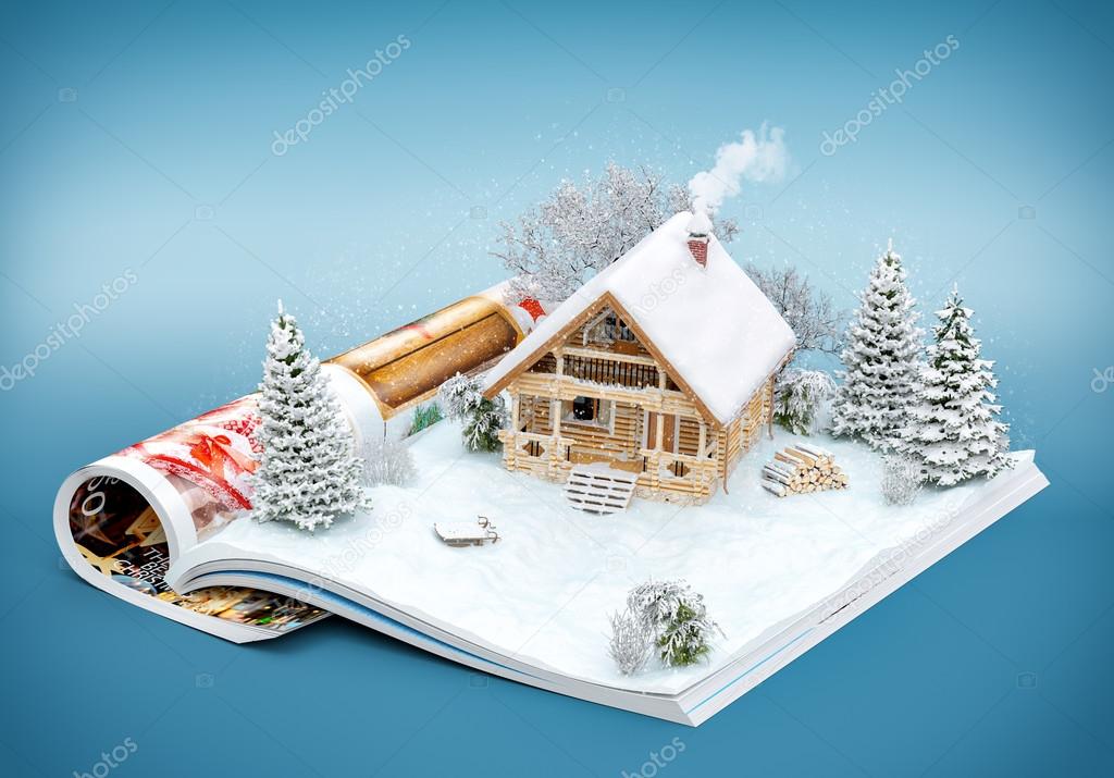 Cute log house on a page of opened magazine in winter. Unusual winter illustration
