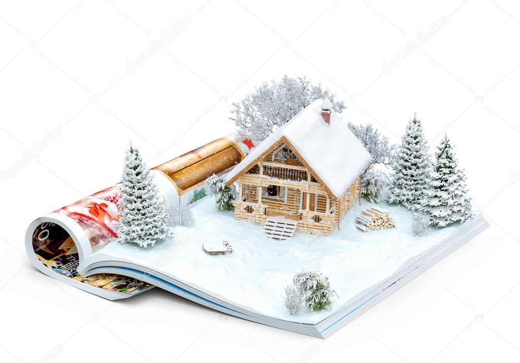 Cute log house on a page of opened magazine in winter. Unusual winter illustration