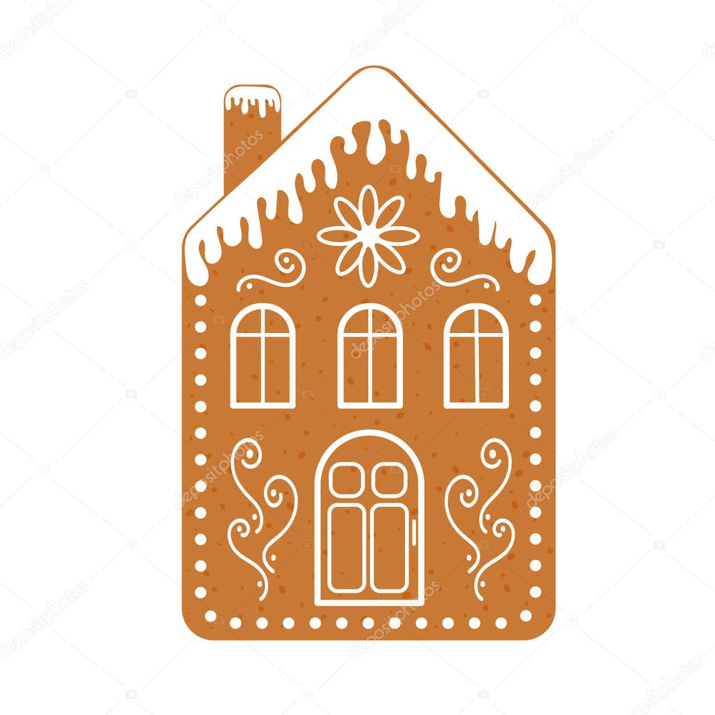 Gingerbread house, Christmas cookie, isolated on white background. Vector flat illustration