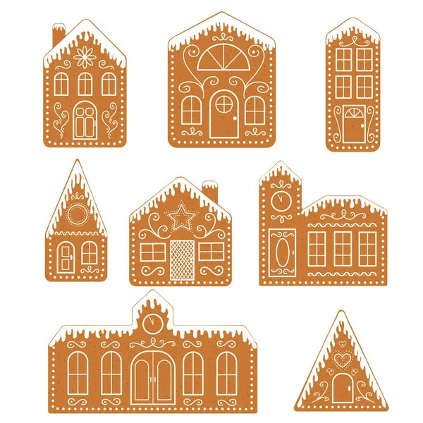 Uppsättning isolerade pepparkakshus. Traditionella julkakor. Vektor platt illustration — Stock vektor