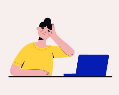 Dizüstü bilgisayarla uğraşmaktan yorgun düşmüş bir kadın. Bilgisayar sorunları, profesyonel patinaj, ofis ya da aşırı çalışma, kötü internet haberleri yüzünden stres. Vektör illüstrasyonu