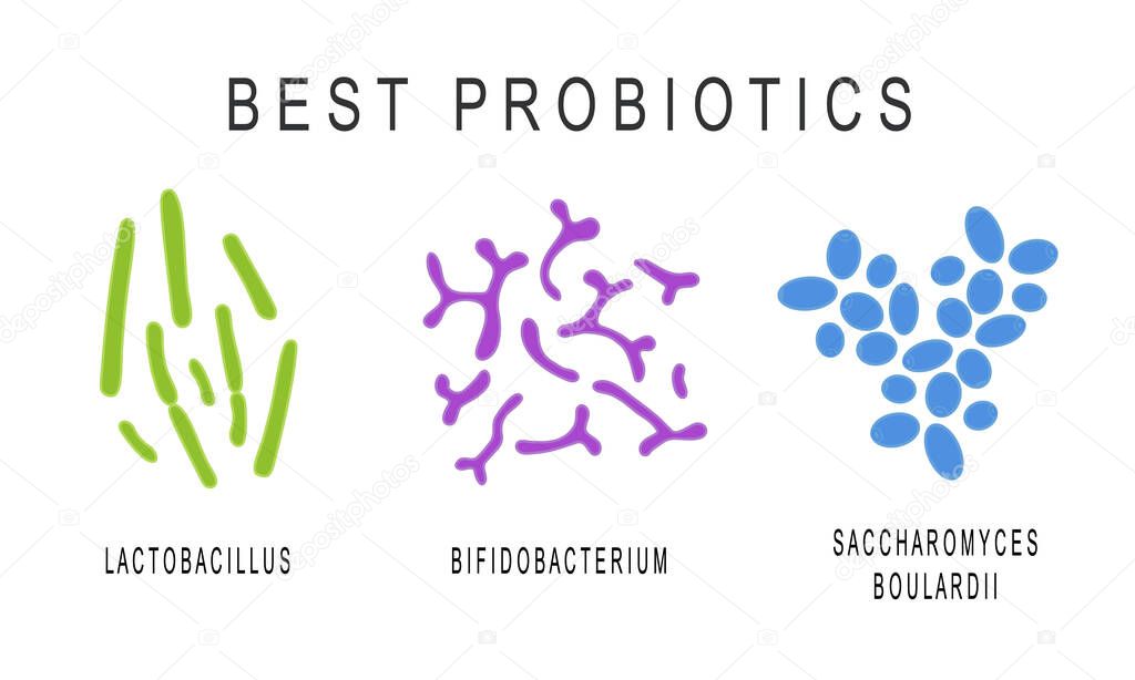 Set of probiotics, beneficial bacterias for human health and beauty. Good microorganisms under microscop isolated on white background. Vector illustration
