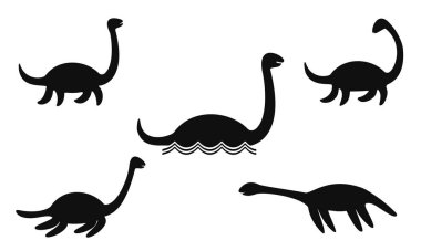 Nessie ya da Loch Ness canavarı siluetleri beyaz arka planda izole edilmiş. Vektör illüstrasyonu