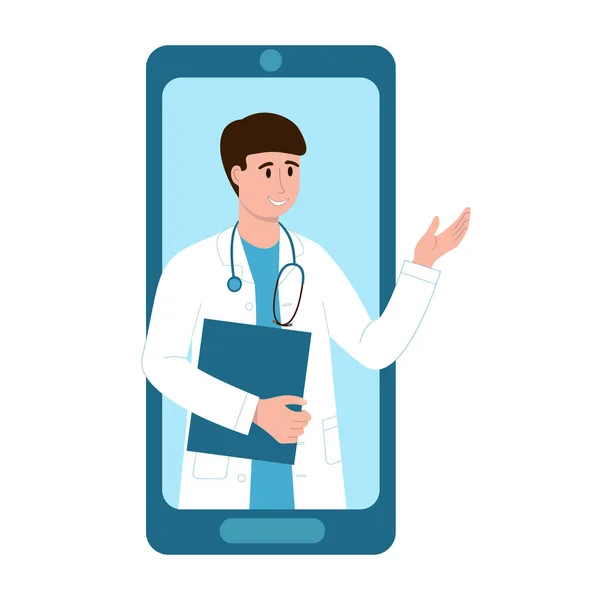 Online doctor, internet medical service concept. Male therapist give medical advice in smartphone app. Telemedicine, telehealth, online healthcare consultation. Vector flat illustration — Stock Vector