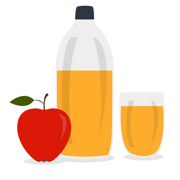 Fles appelciderazijn, glas met drank en rode appel. Vector platte cartoon illustratie — Stockvector