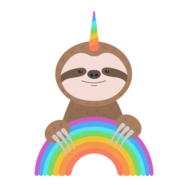 Funny cute sloth with unicorn horn catch the rainbow arc. Vector illustration for creative children design, cards, posters — Stock Vector