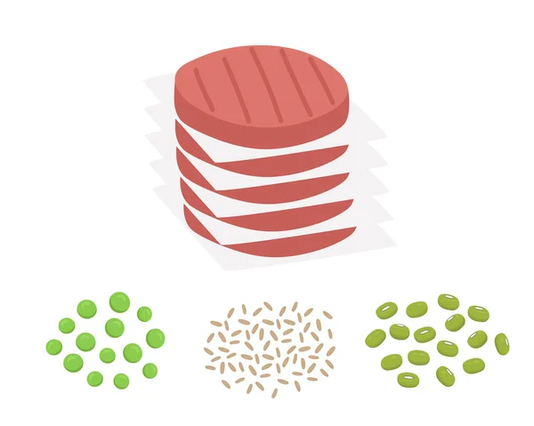 Burger-Patties auf Pflanzenbasis mit ihren Zutaten, Mungbohnen, braunem Reis und Erbsen. Veganes Fleischkonzept. Vektorflache Illustration — Stockvektor