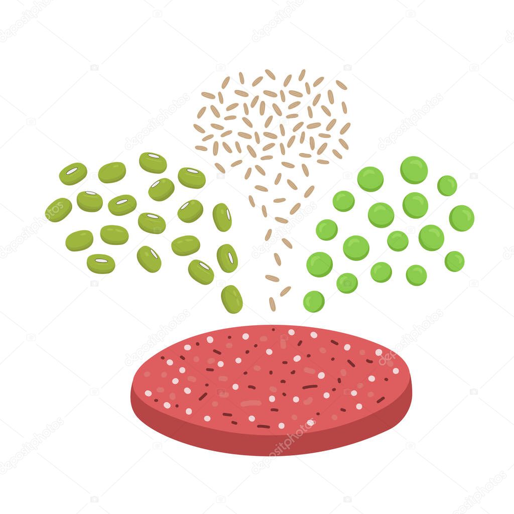 Ingredients of plant based meat. Mung beans, brown rice and pea pouring in meatless burger patty. Organic vegan food concept. Vector flat illustration