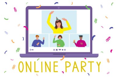 Çevrimiçi ev partisi konsepti. Erkekler ve kadınlar laptop ekranında doğum gününü kutluyor, iletişim kuruyor, içiyor. Web video konferansı, uzak arkadaşlar toplantısı. Konfeti arka planı. Vektör düz resimleme