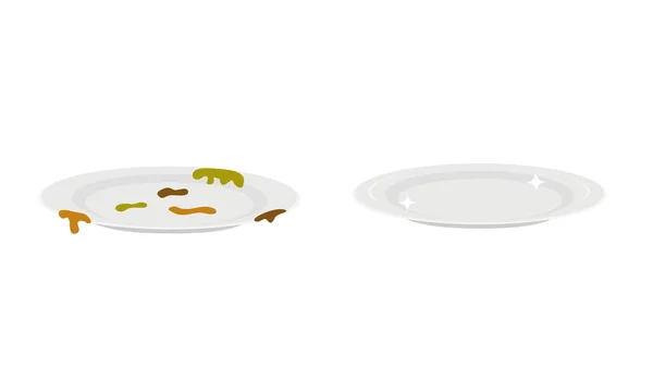 Schmutziger Teller mit Essensresten und Essensresten und sauberer, glänzender Teller isoliert auf weißem Hintergrund. Gerichte vor und nach dem Waschen. Vektorillustration — Stockvektor