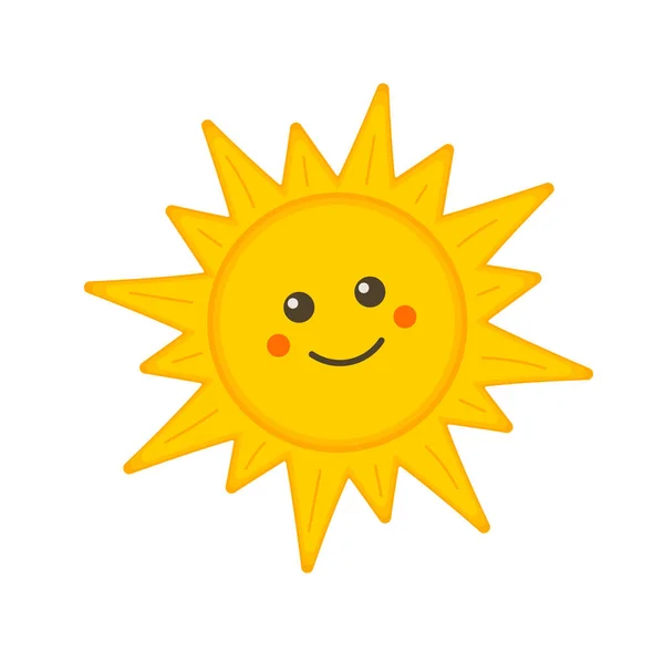 Graziosa icona del viso solare sorridente isolata su sfondo bianco. Carattere divertente del sole per i bambini. Illustrazione vettoriale — Vettoriale Stock