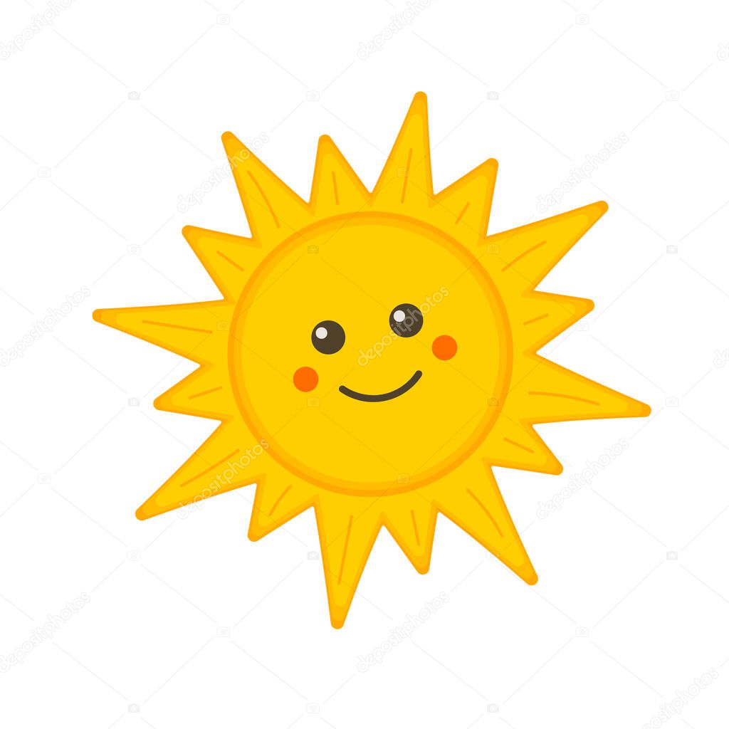 Cute smiling sun face icon isolated on white background. Funny sun character for kids. Vector illustration
