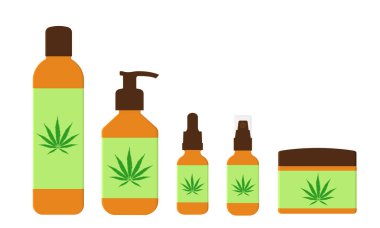 CBD yağı kozmetik ürünleri farklı şişelerde. Beyaz arka planda izole edilmiş deri ve saçlar için doğal kenevir kozmetiği. Vektör düz resimleme