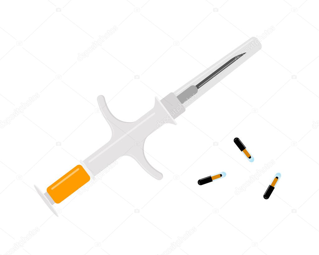 Pet microchips with syringe isolated on white background. Microchipping for dogs, cats and cattle. Animals permanent identification, ID, RFID technology. Vector flat illustration