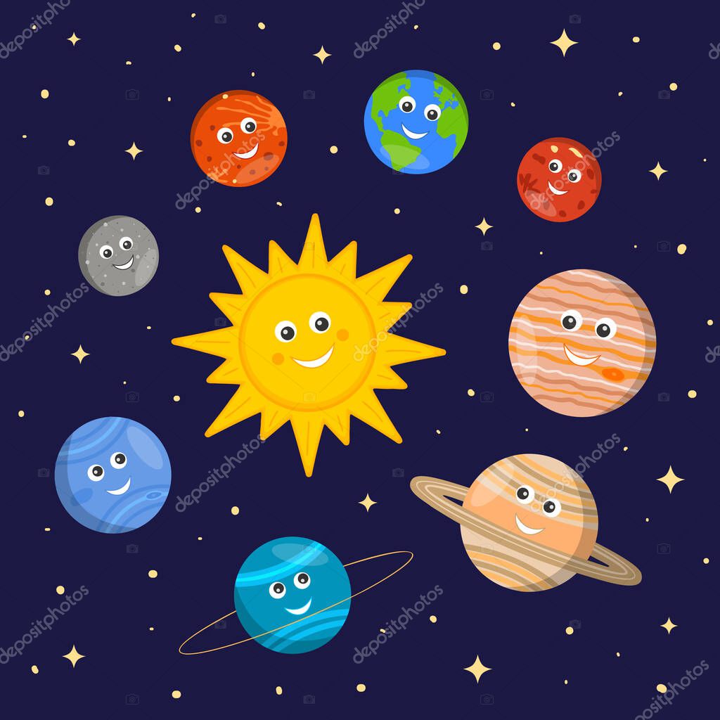 Sistema solar para niños. Lindo sol y planetas personajes en estilo de  dibujos animados en el
