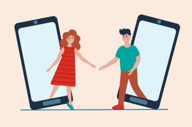 Online flört uygulaması konsepti. Kadın ve erkek sosyal ağda buluşuyor. Sanal aşk, uzun mesafeli ilişki. Düz biçimli vektör illüstrasyonu