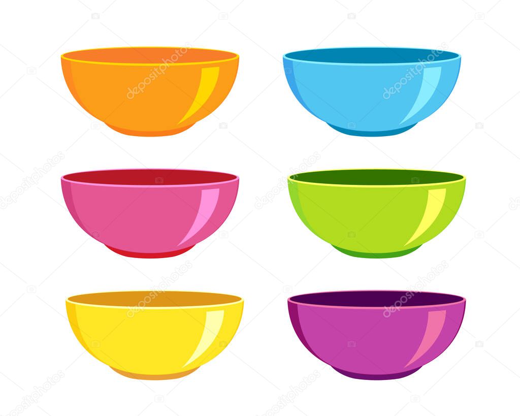 Collection of empty colorful bowls isolated on white background. Clean dishware for breakfast or dinner. Vector illustration