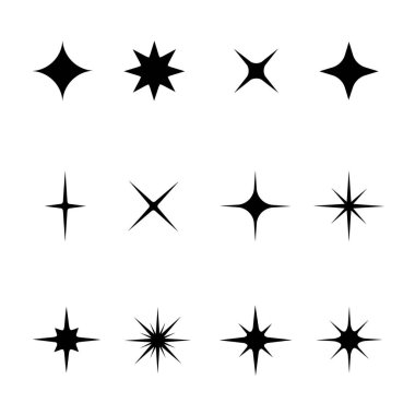 Bir dizi siyah yıldız parıldıyor ve parıldıyor. Parlak ışık, göz kamaştırıcı ışık, parlak ikon koleksiyonu. Yıldız ışığı parçacıkları. Vektör illüstrasyonu