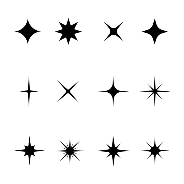 ブラックスターのセットは輝きと輝きのシンボルのセット。明るいフラッシュ、まばゆい光、光沢のある輝きのアイコンコレクション。星の光の粒子。ベクターイラスト — ストックベクタ