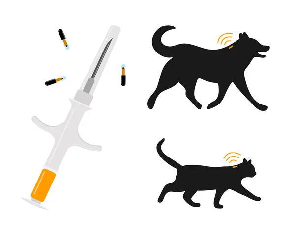 Evcil hayvan mikroçip konsepti. Mikroçipli şırınga, silikonlu köpek ve kedi siluetleri ve RFID sinyalleri. Hayvanlar kalıcı kimlik. Vektör düz resimleme
