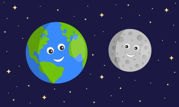 Lindos personajes de la Tierra y la Luna sobre fondo estrellado sace oscuro. Astronomía para niños. Dibujos animados vectoriales ilustración — Vector de stock