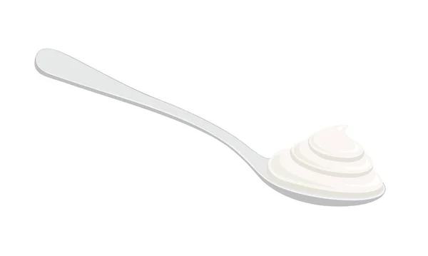 Metalen lepel met Griekse yoghurt, zure room of slagroom geïsoleerd op witte achtergrond. Zuivel gebaseerd dessert of saus. Vectorillustratie — Stockvector