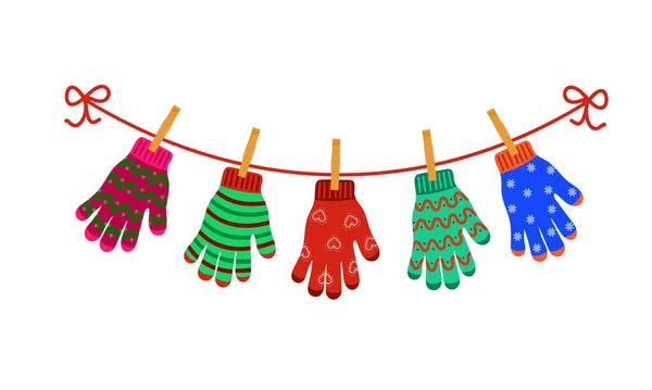 Colorful gloves hanging on clothesline. Merry Christmas, winter holidays concept. Vector illustration in flat style — Stockový vektor