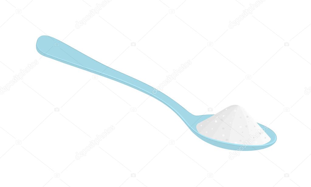 Spoon with salt or sugar isolated on white background. Cooking ingredirnts. Making tea or coffee. Vector flat illustration