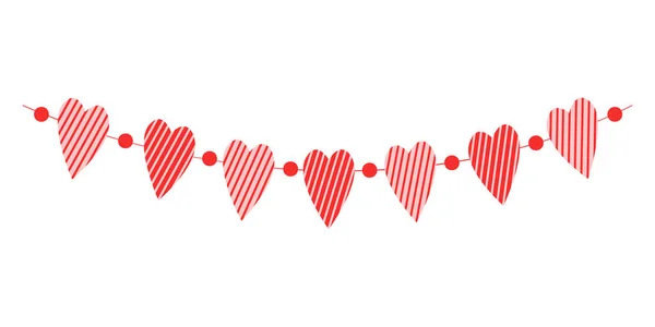 Heart garland. Striped hearts hanging on the rope. Bunting for Valentine day party, wedding, romantic date. Decoration for banners, greeting cards and invitations. Vector illustration — Stock Vector