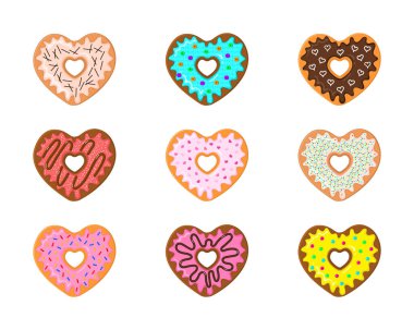 Beyaz arka planda izole edilmiş kalp şeklinde çörekler. Sevgililer Günü için farklı tatlı çörekler. Vektör çizgi film illüstrasyonu