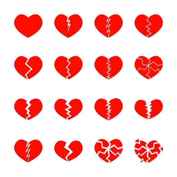 Set of red broken hearts icons isolated on white background. Different symbols of heartbreak, divorce, parting. Vector flat illustration — Stock Vector