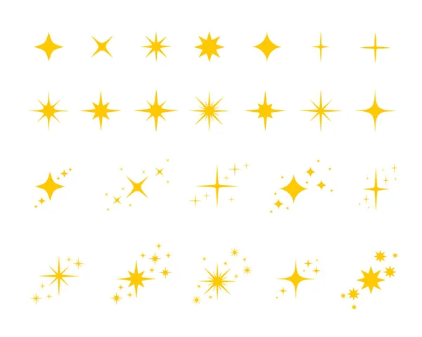 황금빛, 노란색별들이 흰 배경에 고립되어 있는 상징들이 반짝이며 반짝입니다. 밝은 섬광, 빛나는 빛, 노즐 빛 아이콘. 반사기 편평 한 그림 — 스톡 벡터