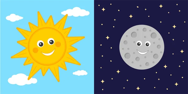 Concepto de día y noche. Lindos personajes de sol y luna. Sol en el cielo azul nublado y luna en el fondo oscuro del espacio estrellado. Astronomía para niños. Dibujos animados vectoriales ilustración — Vector de stock