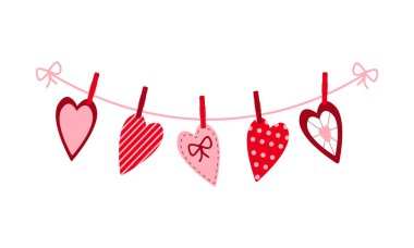 Çeşitli sevgililer günü kalpleri mandallarda sallanıyor. Tebrik kartları ve afişler için dekorasyon. Vektör düz resimleme