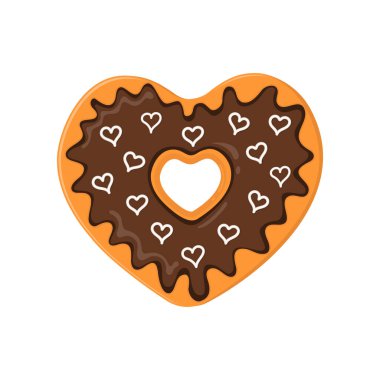 Kalp şeklinde donut beyaz arka planda izole edilmiş. Çikolatalı ve üzeri küçük kalp şekerleriyle kaplı donut. Sevgililer Günü için tatlı bir tatlı. Vektör çizgi film illüstrasyonu