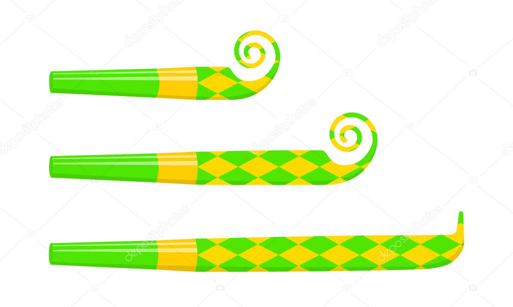 Rolled and unrolled party noise makers, blowers, sound whistles isolated on white background. Side view. New year, Christmas, kids birthday celebration. Vector cartoon illustration