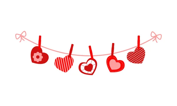 Cute Valentine hearts hanging on the rope on the clothespins. Decorating for greeting cards, banners, invitations. Vector flat illustration — Stock Vector