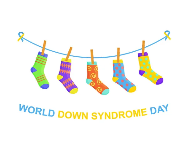 Banner do Dia Mundial da Síndrome de Down. Meias estranhas coloridas diferentes penduradas na corda como um símbolo para WDSD. Ilustração dos desenhos animados vetoriais —  Vetores de Stock