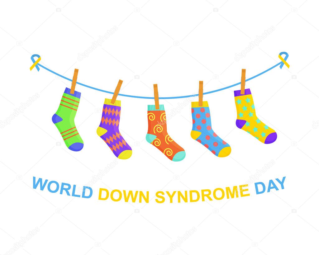 World Down syndrome day banner. Different colorful odd socks hanging on the rope as a symbol for WDSD. Vector cartoon illustration