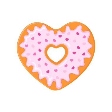 Kalp şeklinde donut, pembe jöleli ve kalp şeklinde serpiştirilmiş. Sevgililer günü için çörekler beyaz arka planda izole edilmiş. Vektör çizgi film illüstrasyonu