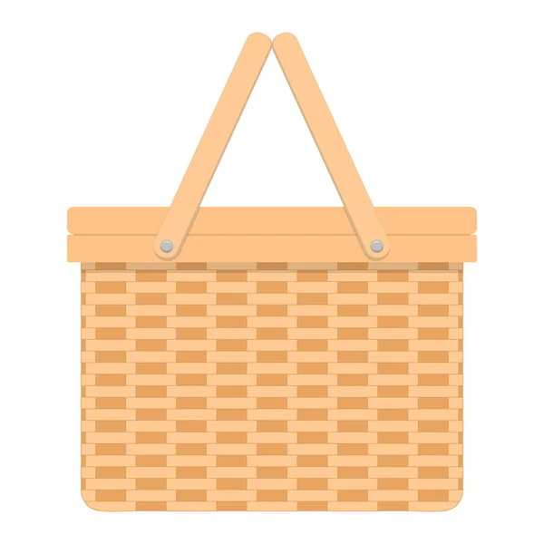 Piknikový koš z tkané vrby. Ručně vyrobený proutěný košík se dvěma rukojetěmi izolovanými na bílém pozadí. Vektorové ploché kreslené ilustrace — Stockový vektor