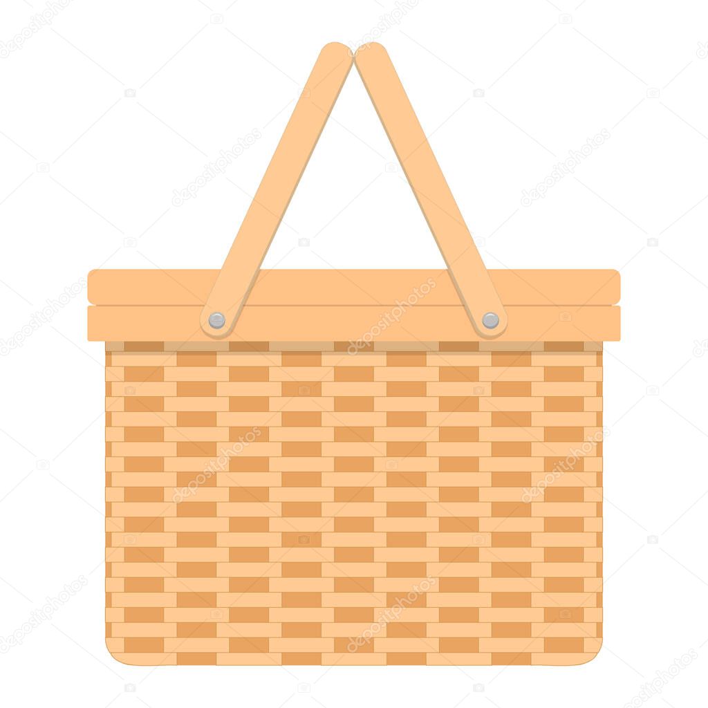 Woven willow picnic basket. Handmade wicker basket with two handles isolated on white background. Vector flat cartoon illustration