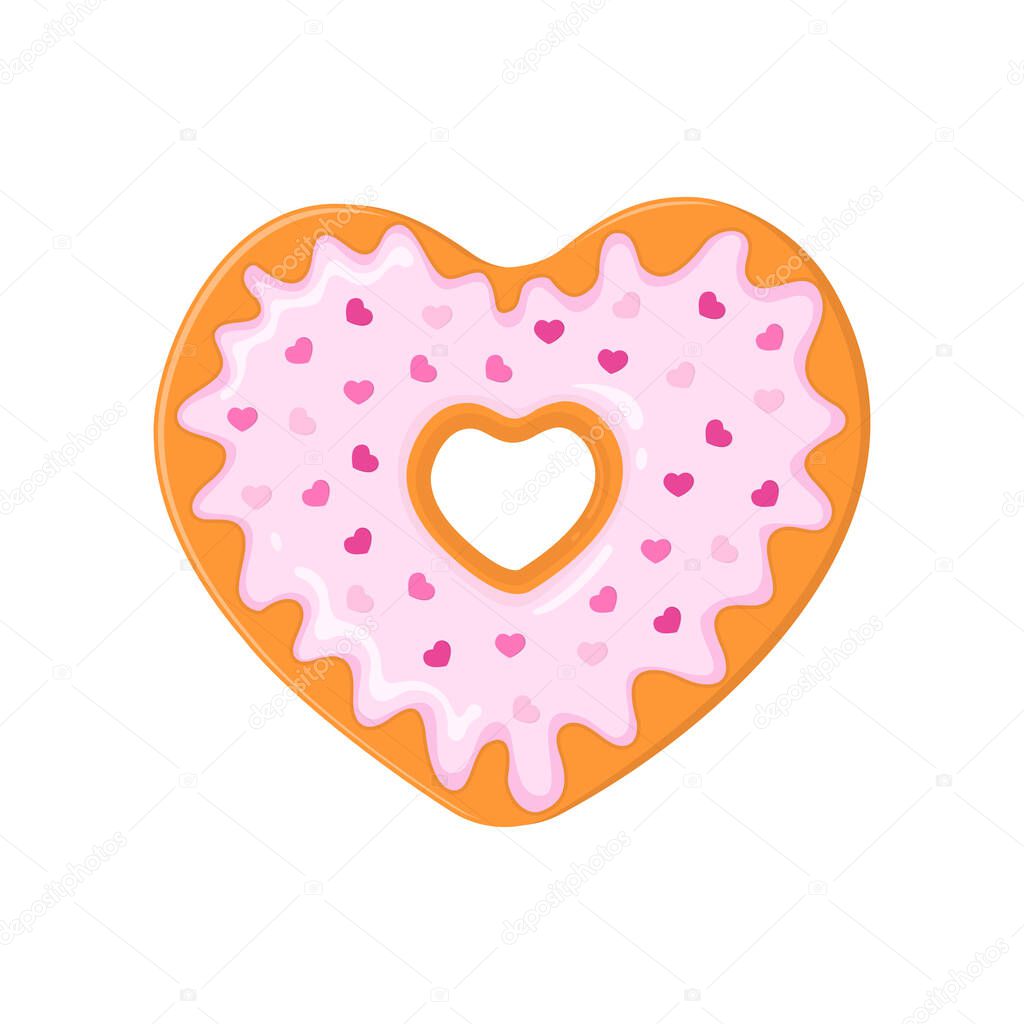 Heart shaped donut decorated with pink glaze and little heart shaped sprinkles. Doughnut for Valentines day isolated on white background. Vector cartoon illustration