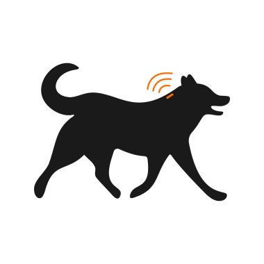Evcil hayvan mikroçip konsepti. Beyaz arka planda implant ve RFID sinyali olan köpek silueti izole edildi. Hayvanlar kalıcı kimlik. Vektör düz resimleme