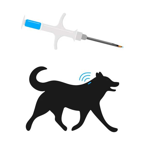 Seringue Avec Micropuce Silhouette Pour Chien Avec Implant Signal Rfid — Image vectorielle