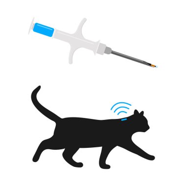 Mikroçipli şırınga ve yürüyen kedi silueti ile implant ve RFID sinyali. Evcil hayvan mikroçipleri, hayvanların daimi kimlik bilgileri. Vektör düz resimleme