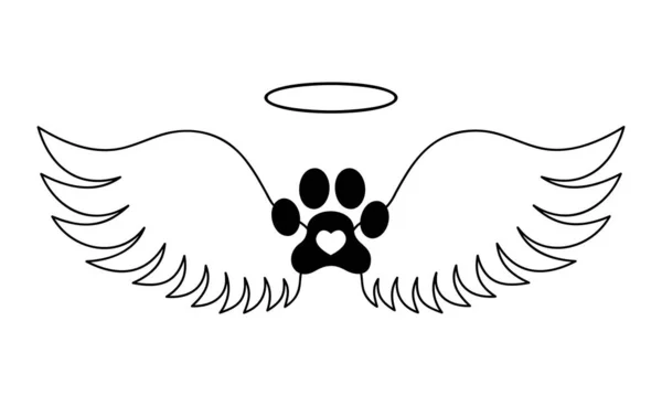 İçinde melek kanatları, halesi ve kalbi olan köpek pençeleri. Hayvan anıtı konsepti. Dövme, tişört, hafıza kartı ve mezar taşı için basılabilir ve kesilebilir grafik tasarımı. Vektör illüstrasyonu