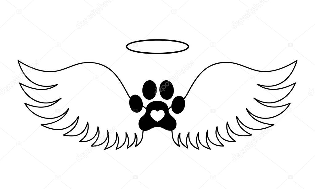 Dogs paw with angel wings, halo and heart inside. Pet memorial concept. Printable and cuttable graphic design for tattoo, tshirt, memory board, tombstone. Vector illustration